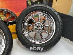 00-08 Harley Touring 16x3 Factory 9 Spoke Front & Rear Wheels Rim Mich Tires