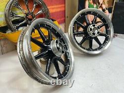 02-08 Harley Touring Gloss Black 9 Spoke Front & Rear Wheels 16x3 OEM