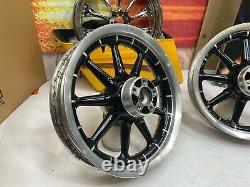 02-08 Harley Touring Gloss Black 9 Spoke Front & Rear Wheels 16x3 OEM