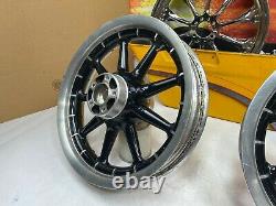 02-08 Harley Touring Gloss Black 9 Spoke Front & Rear Wheels 16x3 OEM