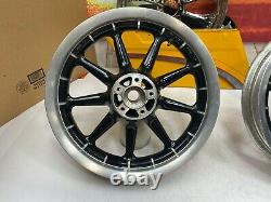 02-08 Harley Touring Gloss Black 9 Spoke Front & Rear Wheels 16x3 OEM