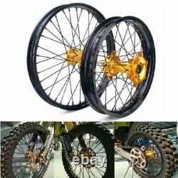 07-21 RMZ 250 450 21&18 MX Enduro Front Rear Wheel Set Black Rim Gold Hubs Spoke