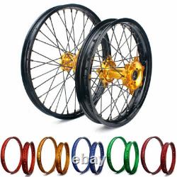 07-21 RMZ 250 450 21&18 MX Enduro Front Rear Wheel Set Black Rim Gold Hubs Spoke