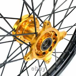 07-21 RMZ 250 450 21&18 MX Enduro Front Rear Wheel Set Black Rim Gold Hubs Spoke