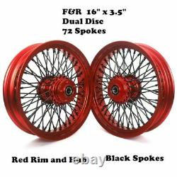 16x3.5 Red Front Rear Wheels Dual Disc 72 Spokes for Harley Dyna Street Bob