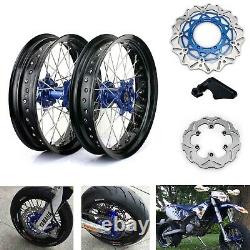 17 Supermoto Spoked Wheel Rim Blue Hub Set Rotors Yamaha YZ250F YZ450F 2014-19