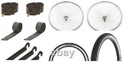 26 Chrome 144 Spoke Front & Coaster Wheel & two Tire Black/White Lowrider logo