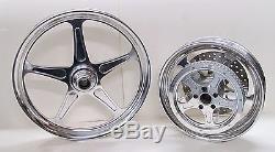 AMT BILLET 21 X 2.15 / 16 x 3.00 POLISHED 5-SPOKE FRONT & REAR WHEELS HARLEY