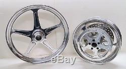 AMT BILLET 21 X 2.15 / 16 x 3.00 POLISHED 5-SPOKE FRONT & REAR WHEELS HARLEY