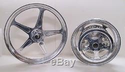 AMT BILLET 21 X 2.15 / 16 x 3.00 POLISHED 5-SPOKE FRONT & REAR WHEELS HARLEY