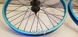 Blue ano 36 spoke DK BMX 20 wheel set 14mm rear axle 3/8 front nice used wheels