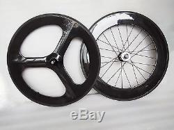 Carbon Tri Spoke Front Wheel 88mm clincher Rear wheel road/track bike Wheels