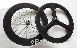 Carbon Tri Spoke Front Wheel 88mm clincher Rear wheel road/track bike Wheels