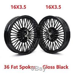 Gloss Black Fat Spoke 3.5x16 Wheels Set Chrome Rim For FXDWG FLHTC Fatboy FLSTF