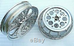 HARLEY CHROME 9 SPOKE FRONT & REAR WHEEL RIMS WithROTORS PULLEY 00-08