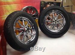 OEM 02-19 Harley Touring Factory Chrome 9 Spoke Front & Rear Wheels 16x3 Tires