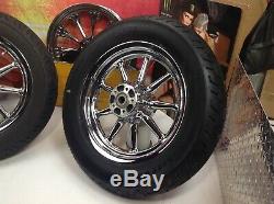 OEM 02-19 Harley Touring Factory Chrome 9 Spoke Front & Rear Wheels 16x3 Tires