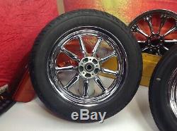 OEM 02-19 Harley Touring Factory Chrome 9 Spoke Front & Rear Wheels 16x3 Tires