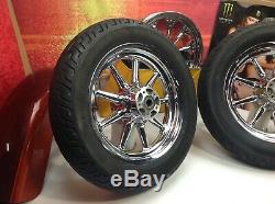 OEM 02-19 Harley Touring Factory Chrome 9 Spoke Front & Rear Wheels 16x3 Tires