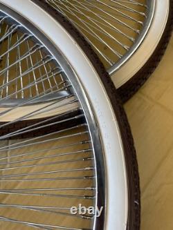ORIGINAL LOWRIDER 26 144 SPOKE CHROME DAYTON RIM SET With BROWN/CREAM BRICK TIRES