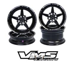 VMS RACING 5 SPOKE BLACK SILVER FRONT & REAR DRAG WHEELS SET 4X100/4X114 13x9