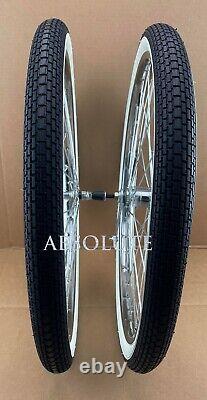 36 SPOKE CHROME CRUISER 26 X 2.125 FRONT & COASTER RIMS Avec PNEUS BLANCS À BRIQUES DE MUR.