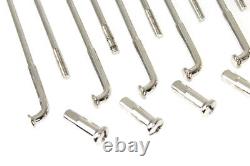 En français, cela se traduirait par : Ensemble de rayons de 18 pouces plaqués nickel pour Harley, adapté pour l'avant ou l'arrière.