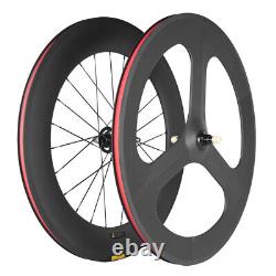 Ensemble de roues de piste avec roue avant à trois branches et roue arrière à engrenage fixe de 88 mm en carbone pour vélo de piste