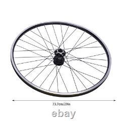 Jeu de roues MTB 29 avec jantes en alliage d'aluminium, système de libération rapide, rayons plats noirs à l'avant et à l'arrière.