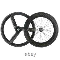 Jeu de roues avant arrière en carbone pour vélo à pignon fixe, 3 rayons, profondeur de 88 mm