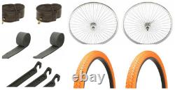 Roue avant et roue à frein de 26 Chrome 144 rayons & deux pneus orange/orange avec chambres à air