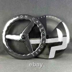 Roues de vélo de route en fibre de carbone avec jante 700C/ Frein à disque avant, moyeu arrière à 3 rayons.